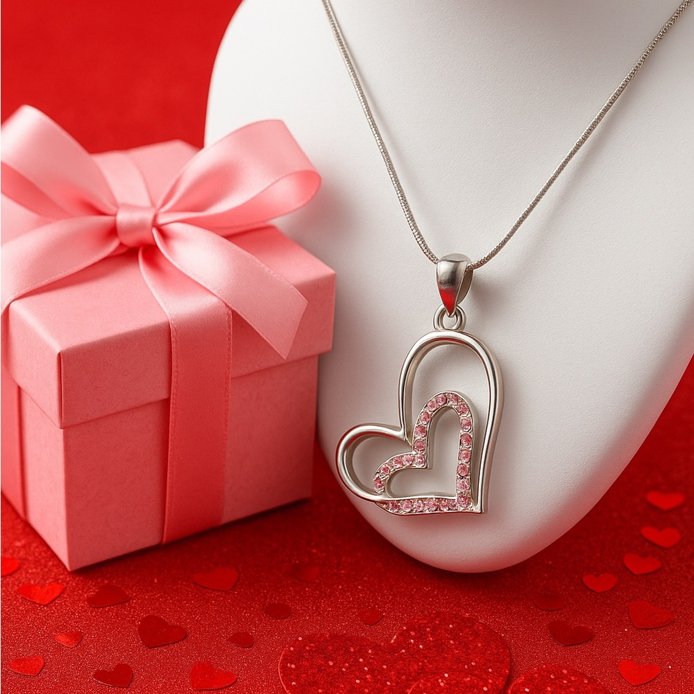 Silver Heart Pendant Necklace w/ Pink Crystal Accents | Romantic Gift